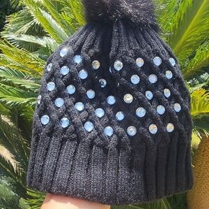 Women’s Fashion Headwear Fur Pom Pom Rhinestone Cable Knit Beanie/Hat- Black